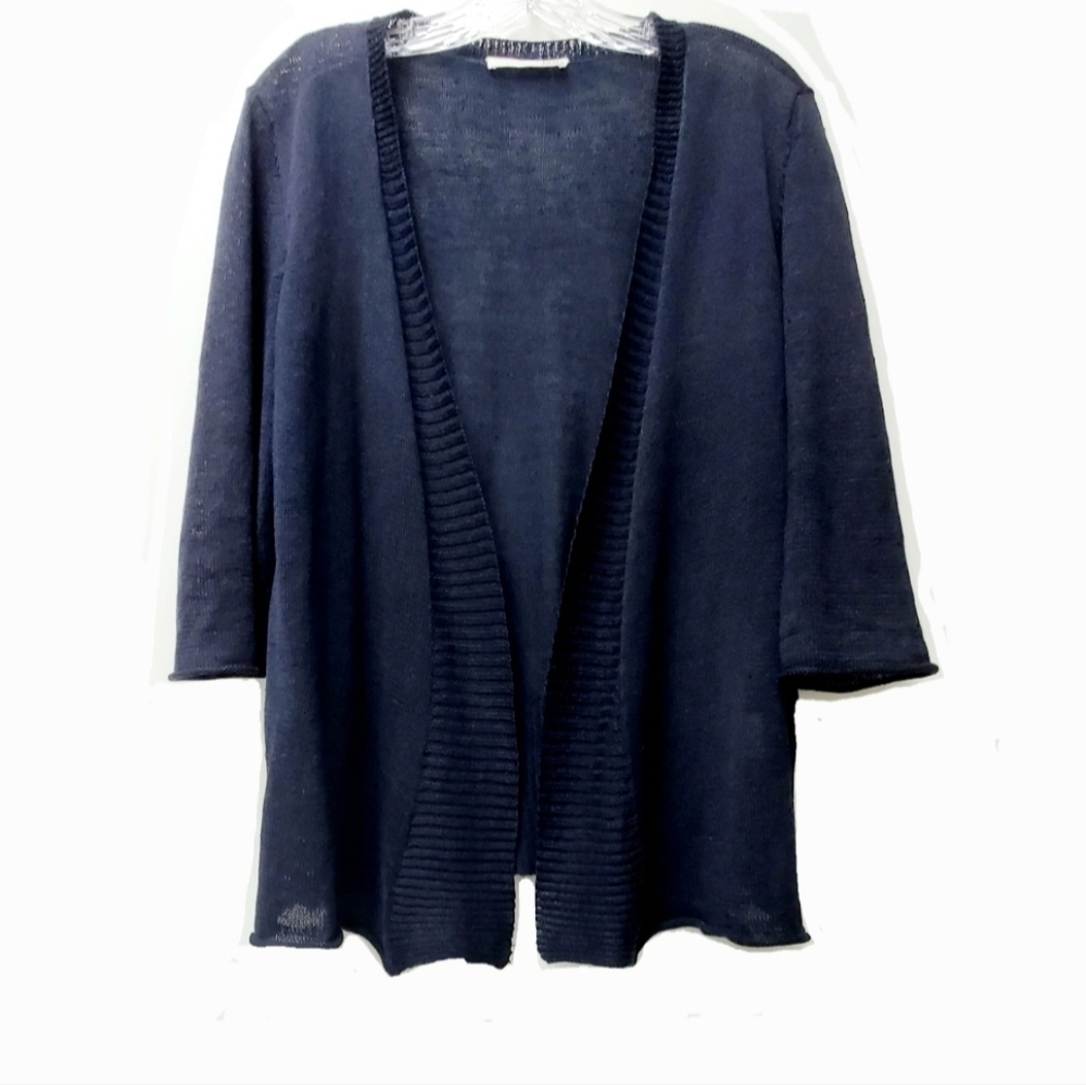 Eileen Fisher Dark Navy 100% Linen Open Cardigan Semisheer Size Medium